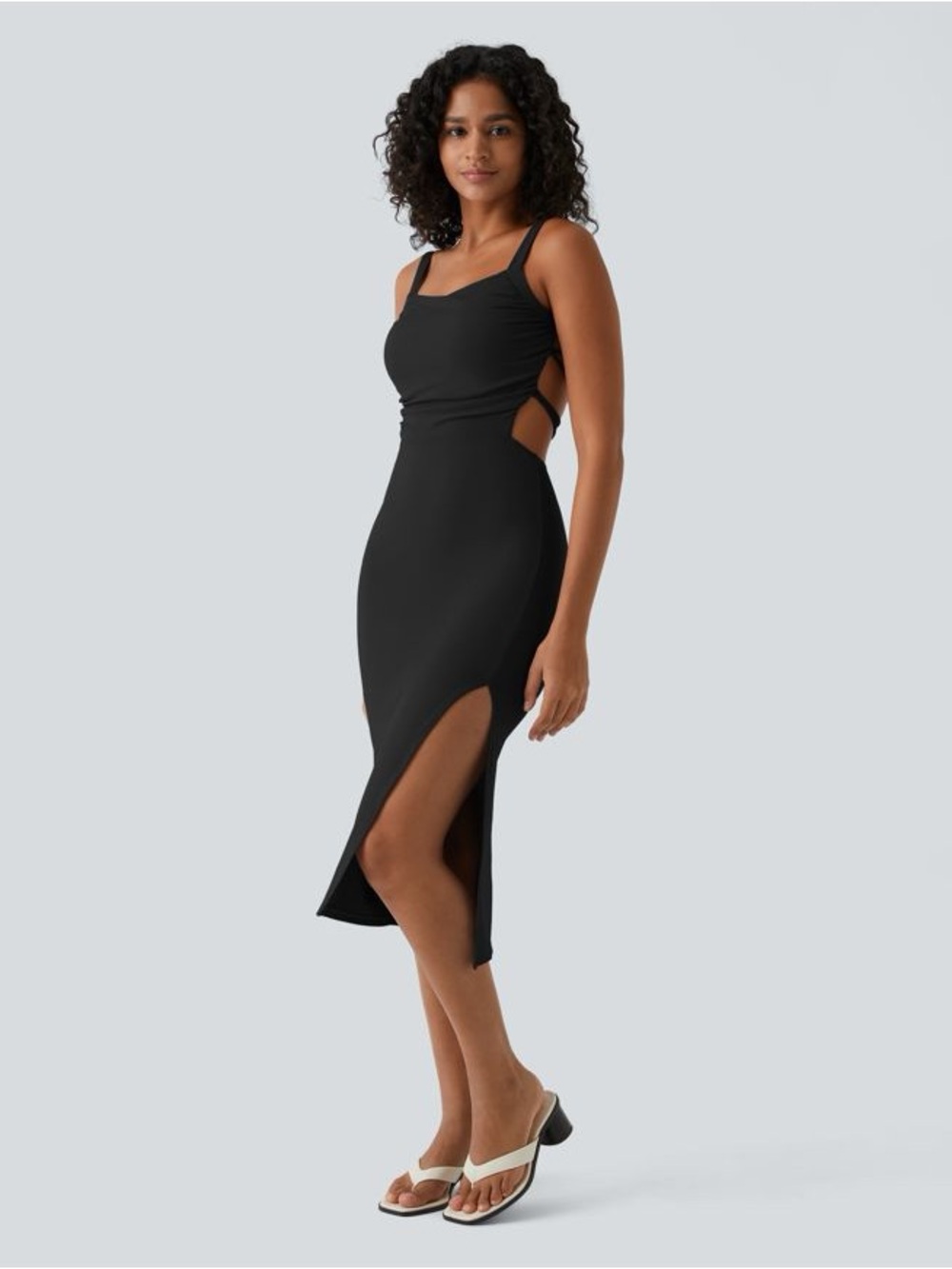 Halara SoftlyZero Airy Ruched Lace Up Bodycon Midi Casual Dress Black Medium NWT - Picture 4 of 9